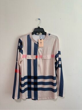 Plaid-Striped Long Sleeve Shirt in Beige with Navy & Pink Accents